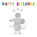 Happy birthday card with funny cute mouse cartoon style. vector print Royalty Free Stock Photo