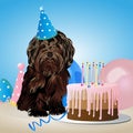 Happy birthday card with funny dog, cake, colorful balloons. Vector illustration Royalty Free Stock Photo