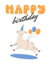 Happy birthday card with funny flying lama, alpaca. Llama with baloons and groovy happy birthday script