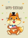 Happy Birthday Card Funny Fox With In A Bowler Hat And Cake In His Hands. Vector Cartoon Animals Illustration.