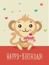 Happy Birthday Card With Funny Monkey And Cake In His Hands. Cute Cartoon Animal Vector. Funky Monkey. Royalty Free Stock Photo