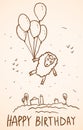 Happy birthday card. Funny sheep with balloons,