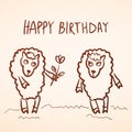 Happy birthday card. Funny sheep girl and boy with