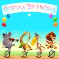 Happy Birthday card with funny wild animals on unicycles