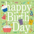 happy birthday card with lettering, cakes, gifts and hats Royalty Free Stock Photo