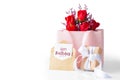 Happy birthday card with gift box and rose in paper bag isolated on white background Royalty Free Stock Photo