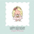 Happy Birthday card for girl. cute little girl. doodle. Royalty Free Stock Photo