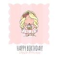 Happy Birthday card for girl. cute little girl. doodle. Royalty Free Stock Photo