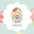 Happy Birthday card for girl. cute little girl. doodle. Royalty Free Stock Photo