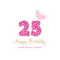 Happy Birthday card 25. Glitter numbers. Pink and gold. Vector