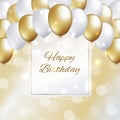 Happy birthday card with golden and white balloons. Greeting card. Holiday party background with frame for text. Gold and pearl Royalty Free Stock Photo