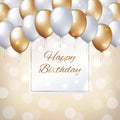 Happy birthday card golden white balloons. Holiday party background frame for text. Gold pearl balloons on golden background Royalty Free Stock Photo