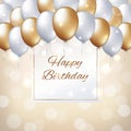 Happy birthday card with golden and white balloons. Holiday party background with frame for text. Gold and pearl balloons