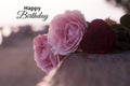 Happy Birthday. Birthday card and greeting with soft bouquet of pink roses background. Birthday backgrounds with spring flowers. Royalty Free Stock Photo