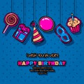 Happy Birthday card with hanging items, balloon, cake, hat, lollipop, masquerade and gift on dotted background. Vector