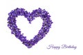 Happy birthday card. Heart shape flowers. Violets love symbol isolated on white background. Template for greeting card Royalty Free Stock Photo