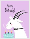 Happy Birthday Card with Horned Goat as Farm Animal and Cake with Candles as Holiday Greeting and Congratulation Vector