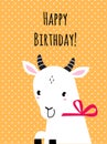 Happy Birthday Card with Horned Goat Farm Animal with Ribbon Bow on the Neck as Holiday Greeting and Congratulation