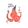 Happy Birthday Card For Kids And Cute Octopus With Sparklers, Holiday Cap, Cake And Party Horn. Isolated Vector Illustration