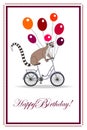Happy Birthday!- card. lemur on a bicycle. balloons. eps10 vector stock illustration. hand drawing.