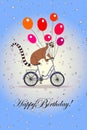 Happy Birthday!- card. lemur on a bicycle. balloons. eps10 vector stock illustration. hand drawing.