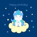 Happy birthday card - Little unicorn and cloud - Nursery print