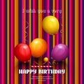 Happy birthday card. Party colorful balloons and streamers on stripes background. Vector. Royalty Free Stock Photo