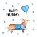 `Happy Birthday` card with pembroke welsh corgi dog riding skateboard and holding blue heart shaped balloon.