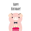 Happy Birthday Card with Pig Farm Animal and Cake with Candles as Holiday Greeting and Congratulation Vector