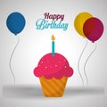 Happy birthday card pink cupcake candle and balloons with shadow Royalty Free Stock Photo