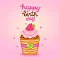 Happy Birthday card with raspberry cupcake.