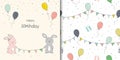 Happy Birthday card and seamless pattern,hand drawn colorful balloons,cute bunny,confetti with bunting for decorative