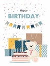 Happy Birthday card with teddy bear, cake, gifts and confetti Royalty Free Stock Photo