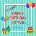 Happy Birthday Card Template with Box Frame and Party Ornament Royalty Free Stock Photo
