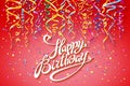 Happy Birthday card template, confetti. Holiday background. Top view. sign design with colorful confetti vector party on pink back Royalty Free Stock Photo