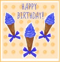 Happy birthday. Card template with hand-sketched ice cream cone. Blur cream. Orange background.