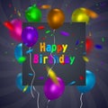 Happy Birthday card template with a purple background and colorful balloons. Vector eps 10 format. Royalty Free Stock Photo