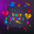 Happy Birthday card template with a purple background and colorful balloons. Vector eps 10 format. Royalty Free Stock Photo