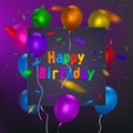 Happy Birthday card template with a purple background and colorful balloons. Vector eps 10 format. Royalty Free Stock Photo