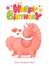 Happy Birthday card template with unicorn cartoon character