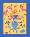 Happy Birthday Card Template, Vector Illustration. Greeting Card For Children, Happy Cartoon Style Animals, Cute Octopus
