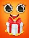 Happy birthday card template with yellow smiley face emoticon with gift box