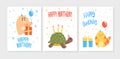 Happy Birthday Card Templates Set, Invitation, Greeting Card, Banner with Cute Wild Animals, Funny Jungle Party Design Royalty Free Stock Photo