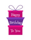 Happy birthday card. Three bright presents with wish. Many colourful gifts with lettering. Template for post card