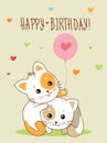 Happy Birthday Card. Two Cute Cheerful Kittens With A Balloon And Hand Made Text. Royalty Free Stock Photo