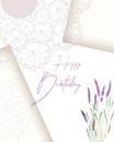 Happy Birthday card vintage collage with lavender and old text and lace.