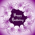 Happy birthday card with wreath of exotic flowers and leaves. Purple vintage hand drawn vector illustration. Royalty Free Stock Photo