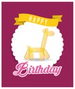 Happy birthday card with yellow giraffe balloon badge