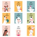 Happy Birthday Cards with Farm Animals with Cake and Gift Box Greeting and Congratulating Vector Set