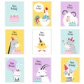 Happy Birthday Cards with Farm Animals with Cake and Gift Box Greeting and Congratulating Vector Set